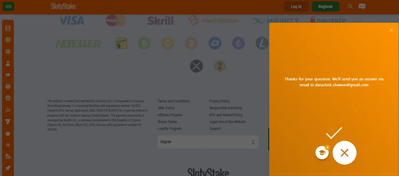 Screenshot of Slotystake's live chat support window