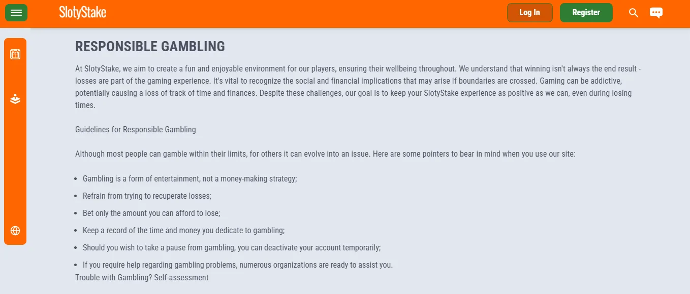 Screenshot of Slotystake's responsible-gambling tools