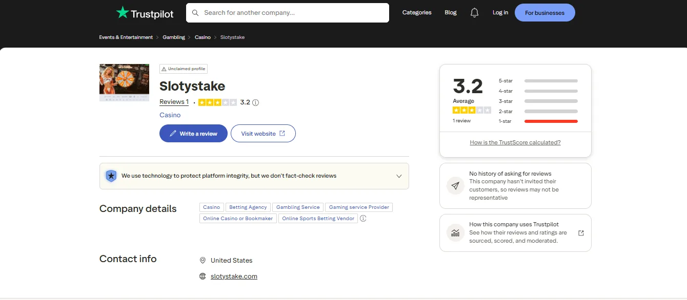 Screenshot of Slotystake's Trustpilot rating overview