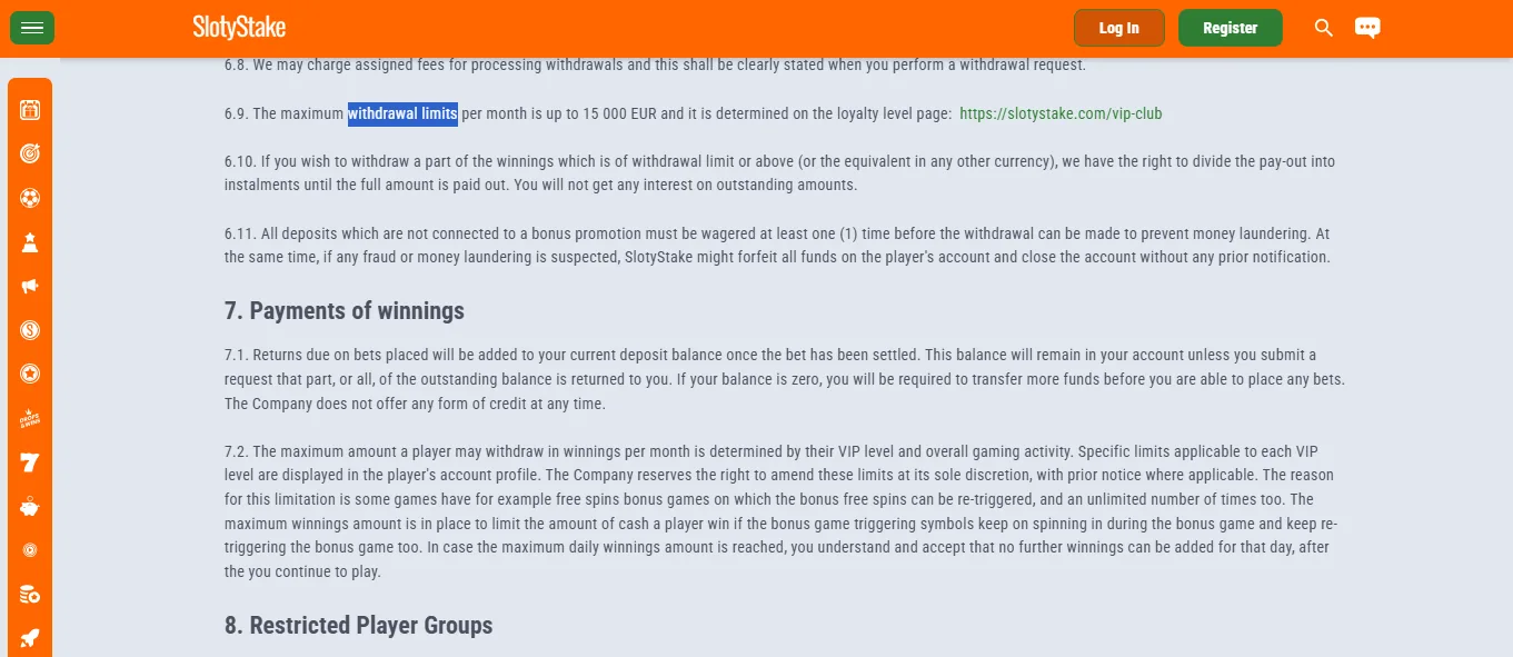 Screenshot of Slotystake's withdrawal section and limits