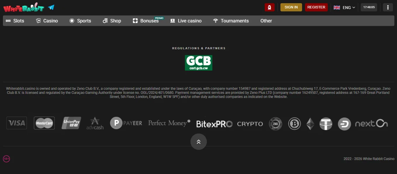 Screenshot of White Rabbit's cashier and payment methods