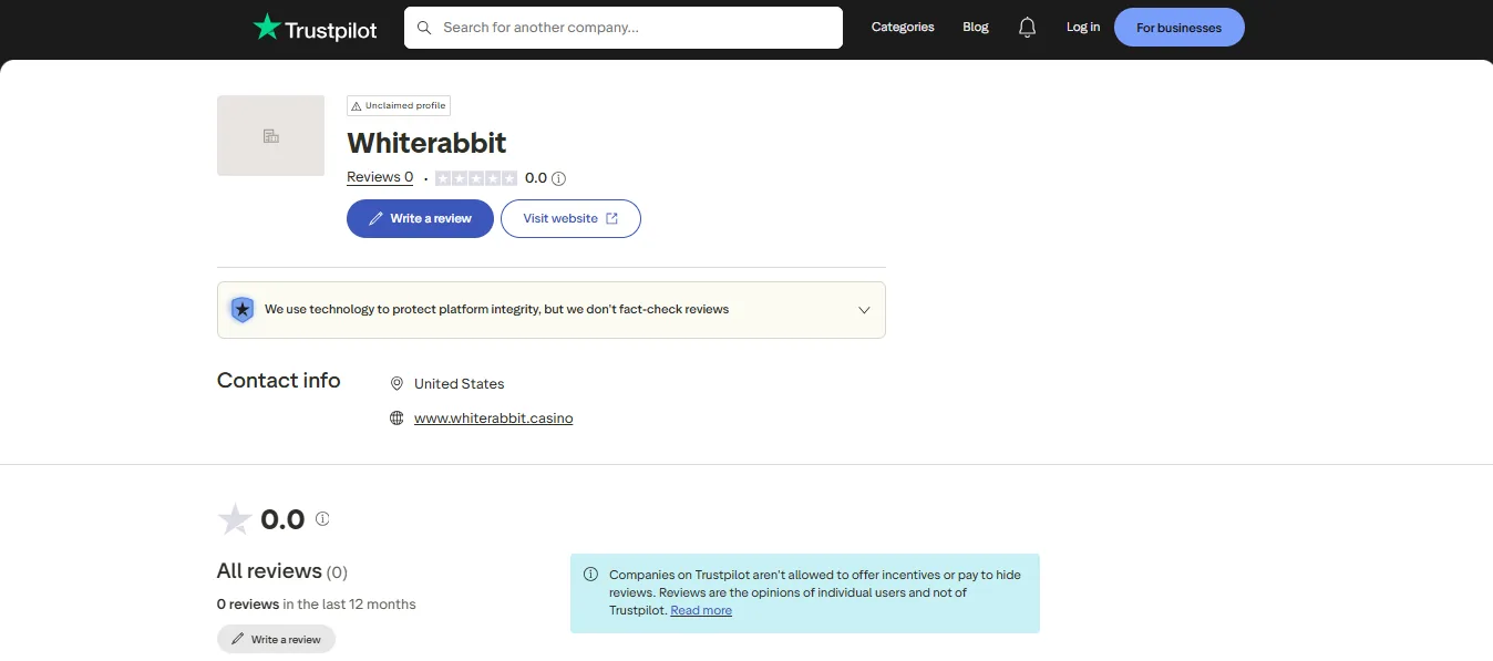 Screenshot of White Rabbit's Trustpilot rating overview