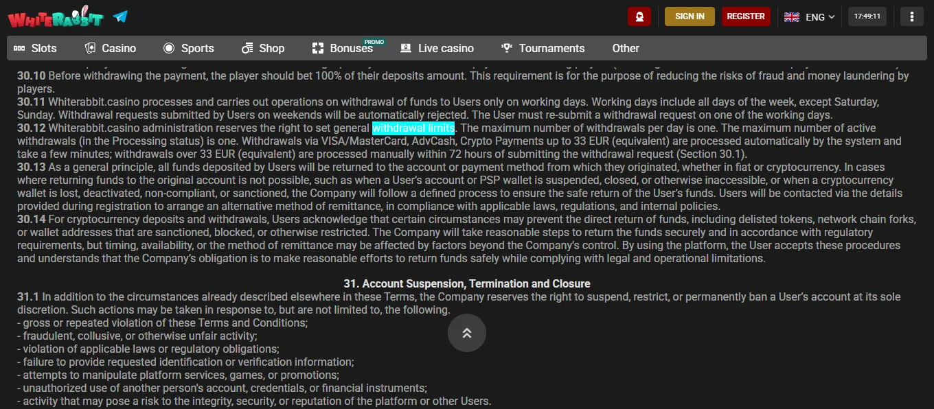 Screenshot of White Rabbit's withdrawal section and limits