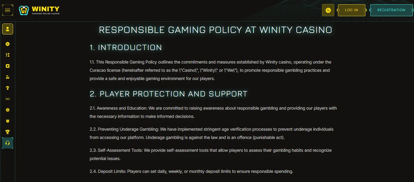 Screenshot of Winity's responsible-gambling tools