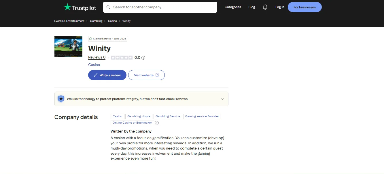 Screenshot of Winity's Trustpilot rating overview