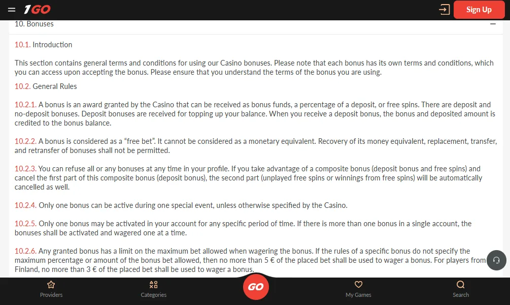 Screenshot of 1GO Casino's bonus terms and wagering requirements
