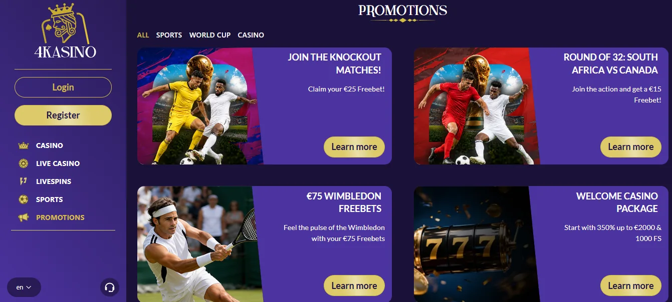 Screenshot of 4Kasino's welcome bonus offer