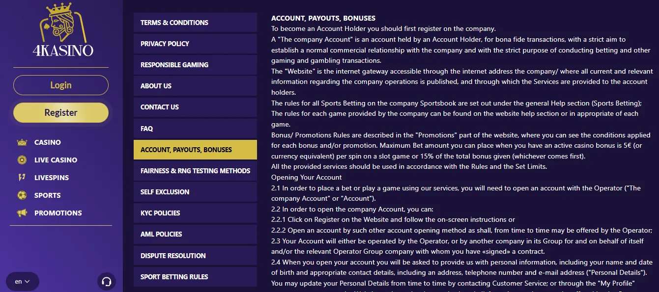 Screenshot of 4Kasino's bonus terms and wagering requirements