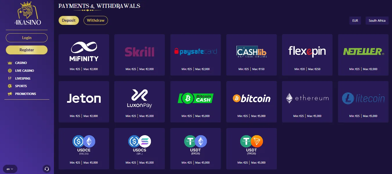 Screenshot of 4Kasino's cashier and payment methods