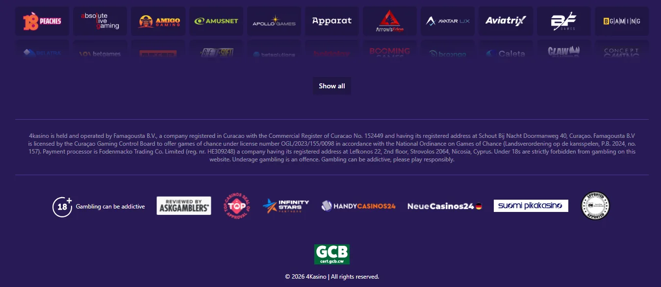 Screenshot of 4Kasino's footer licence and regulator details