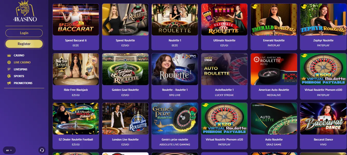 Screenshot of 4Kasino's games lobby