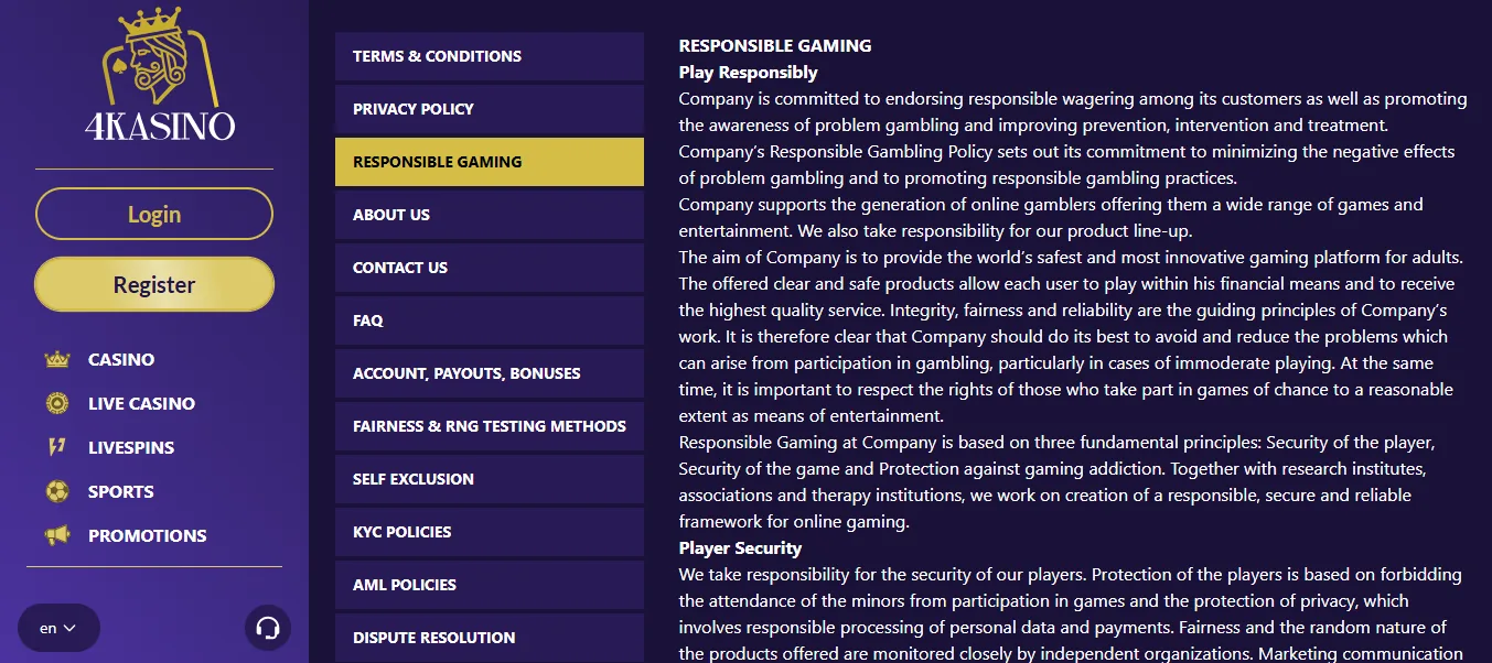 Screenshot of 4Kasino's responsible-gambling tools
