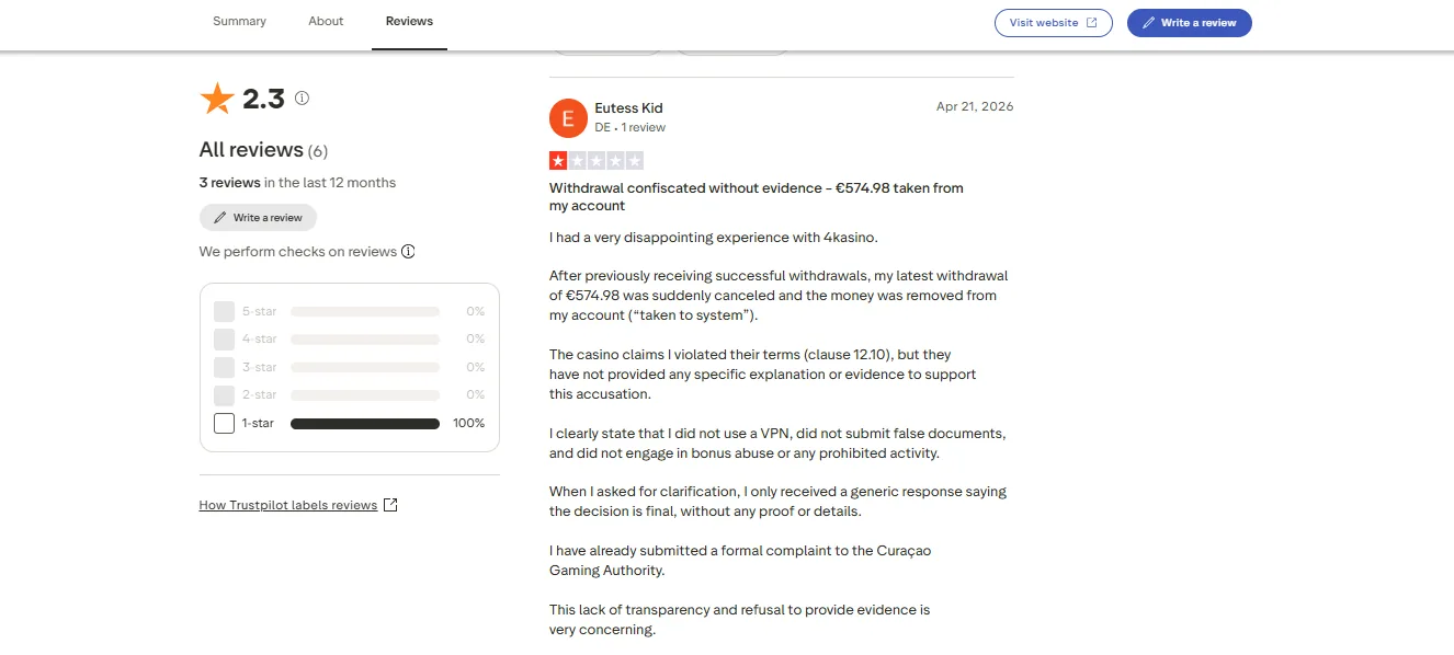 Screenshot of 4Kasino's negative Trustpilot review