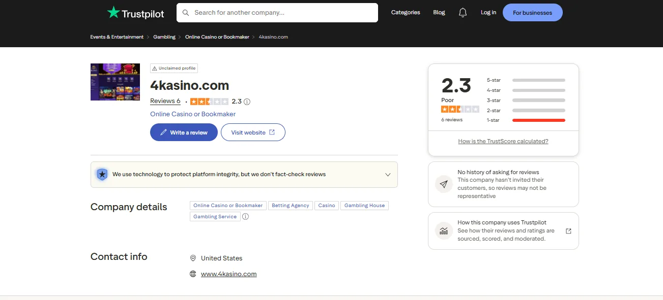 Screenshot of 4Kasino's Trustpilot rating overview