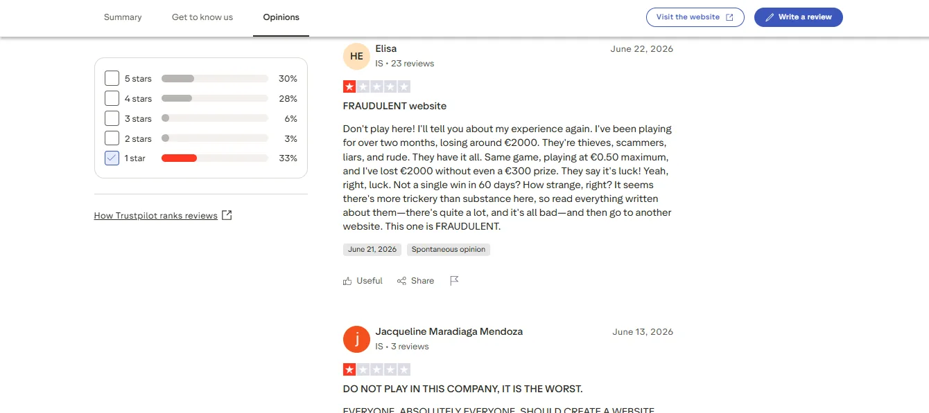 Screenshot of 888 Casino's negative Trustpilot review
