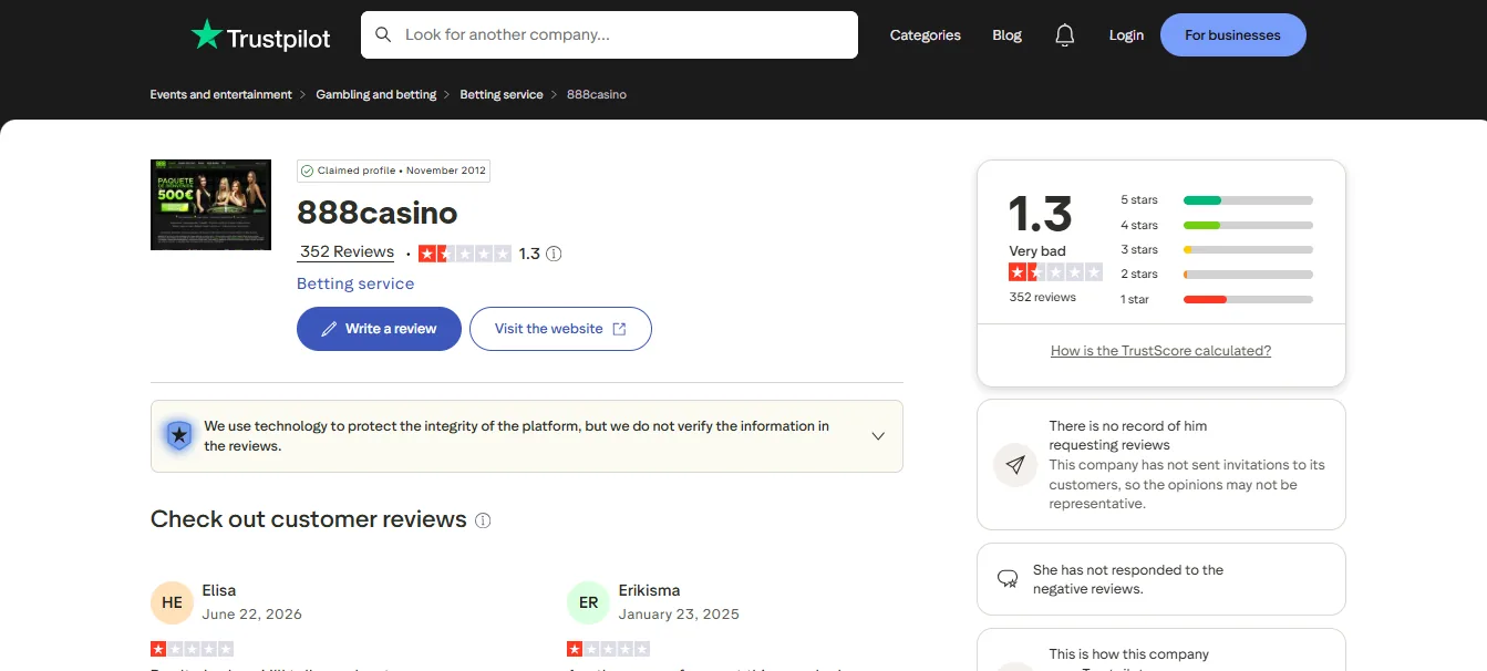 Screenshot of 888 Casino's Trustpilot rating overview