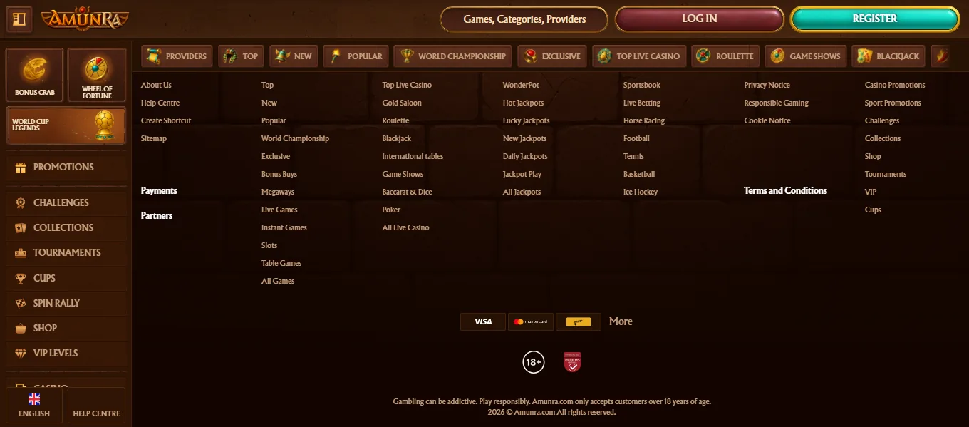 Screenshot of AmunRa's footer licence and regulator details
