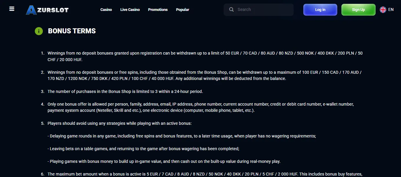 Screenshot of AzurSlot's bonus terms and wagering requirements