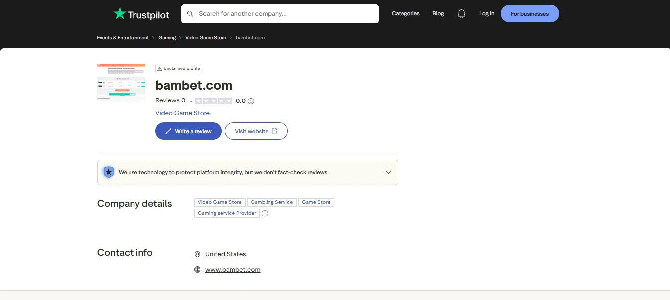 Screenshot of Bambet's Trustpilot rating overview