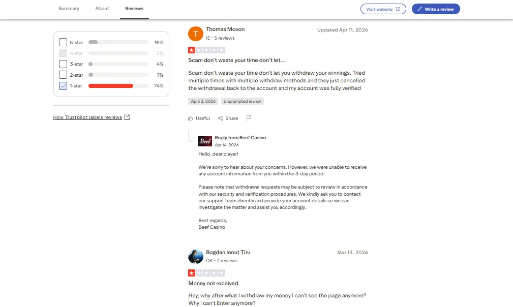 Screenshot of Beef's negative Trustpilot review