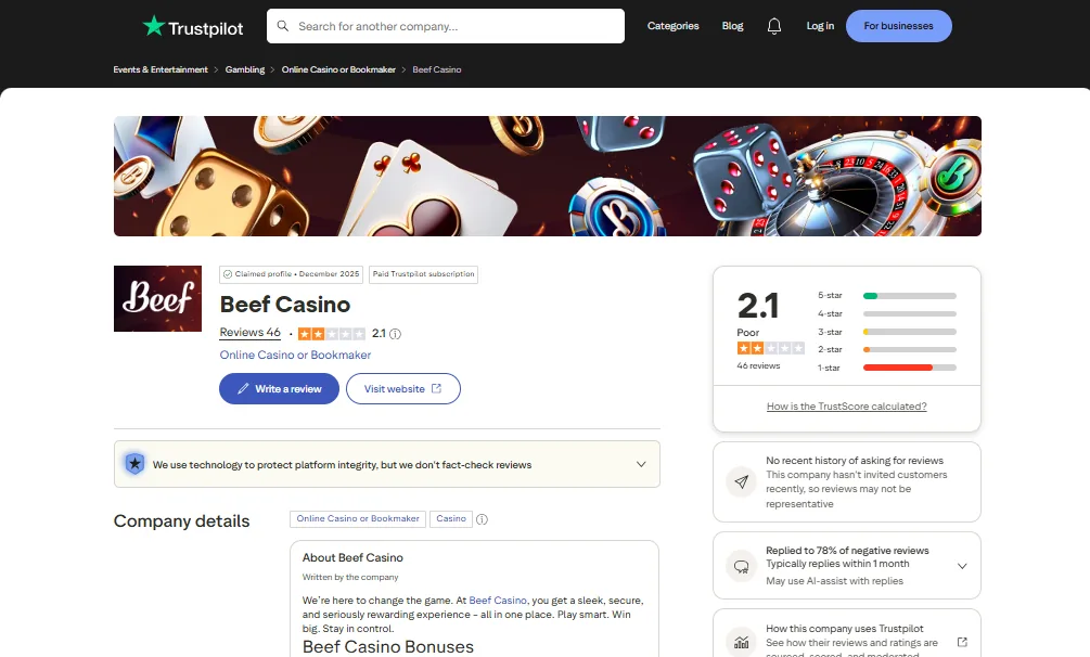 Screenshot of Beef's Trustpilot rating overview