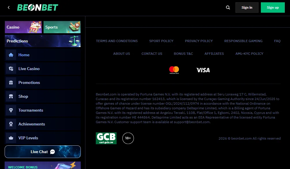 Screenshot of BeonBet's cashier and payment methods