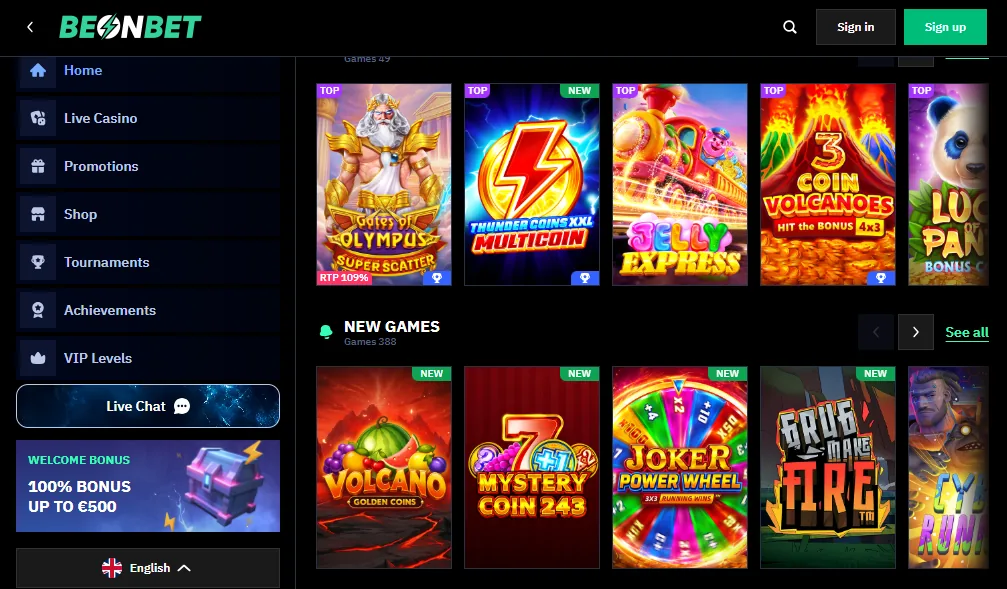 Screenshot of BeonBet's games lobby