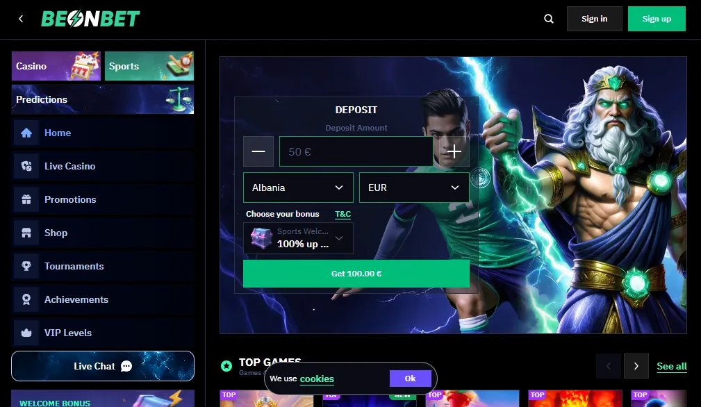 Screenshot of BeonBet's homepage