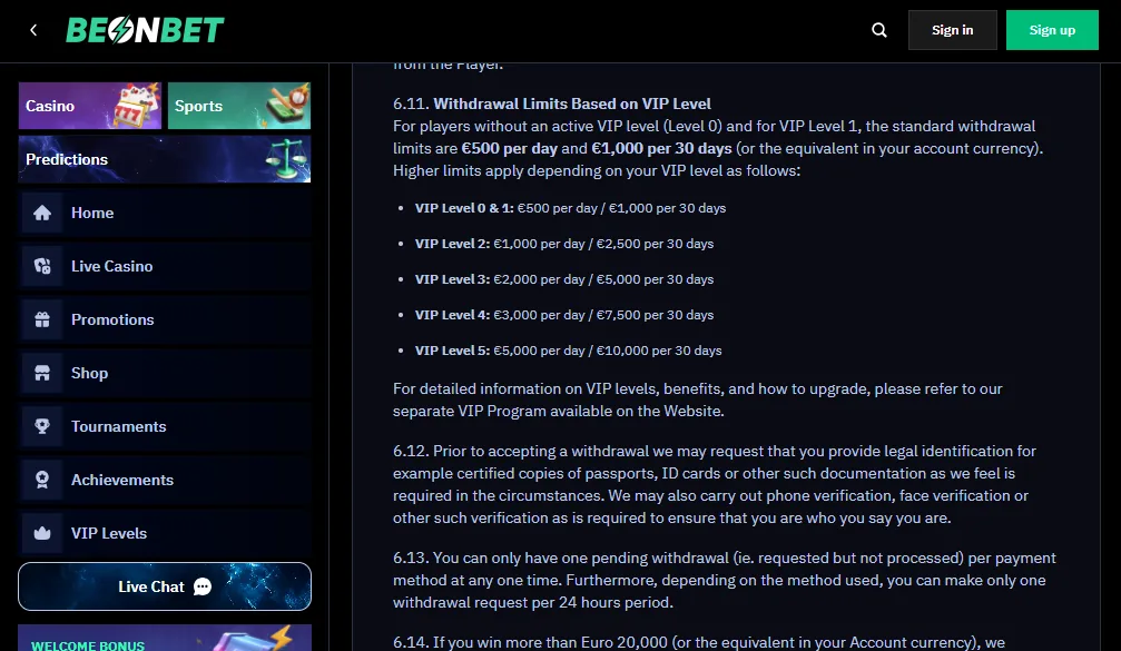 Screenshot of BeonBet's withdrawal section and limits
