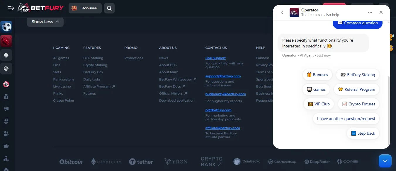 Screenshot of BetFury's live chat support window