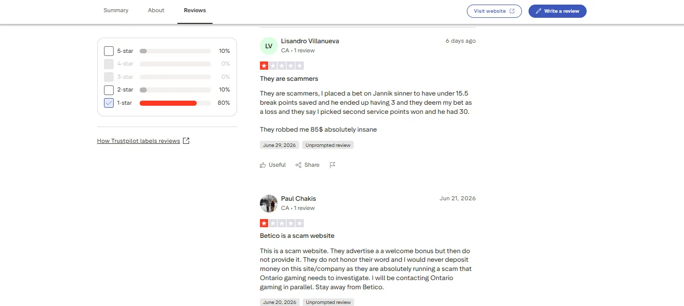 Screenshot of Betico's negative Trustpilot review