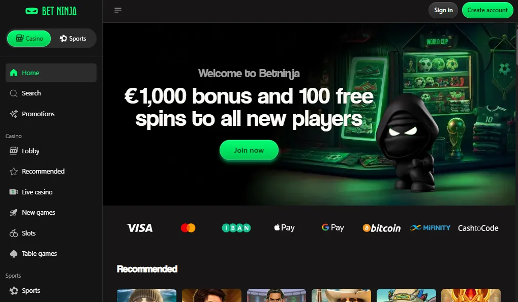 Screenshot of Betninja's cashier and payment methods
