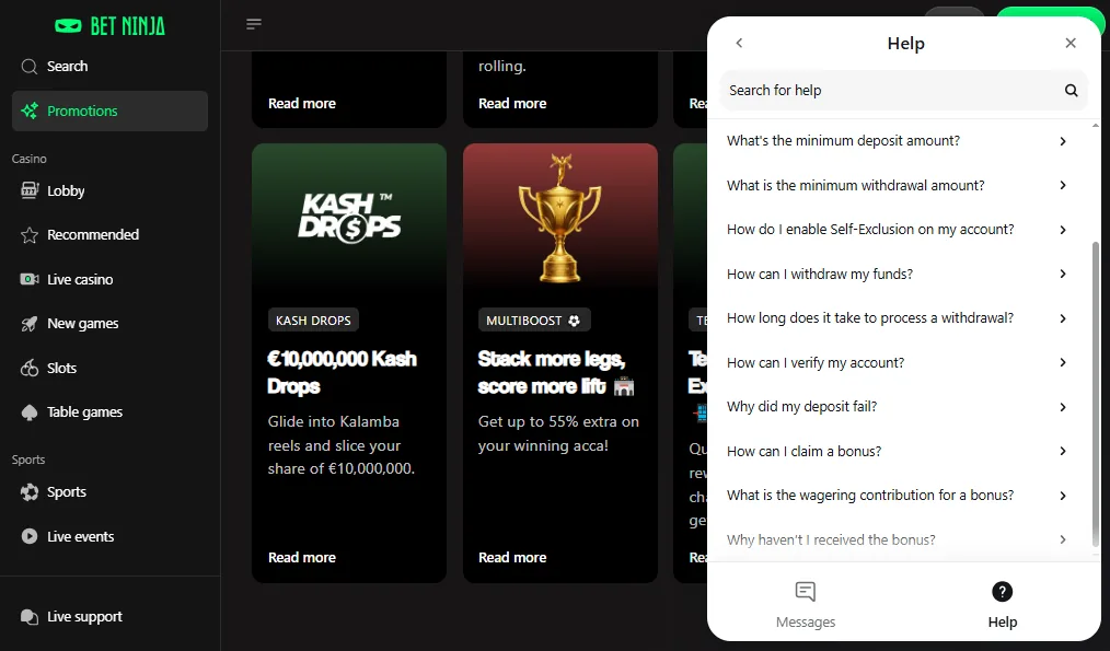 Screenshot of Betninja's live chat support window