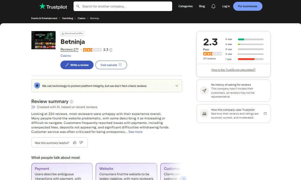 Screenshot of Betninja's Trustpilot rating overview