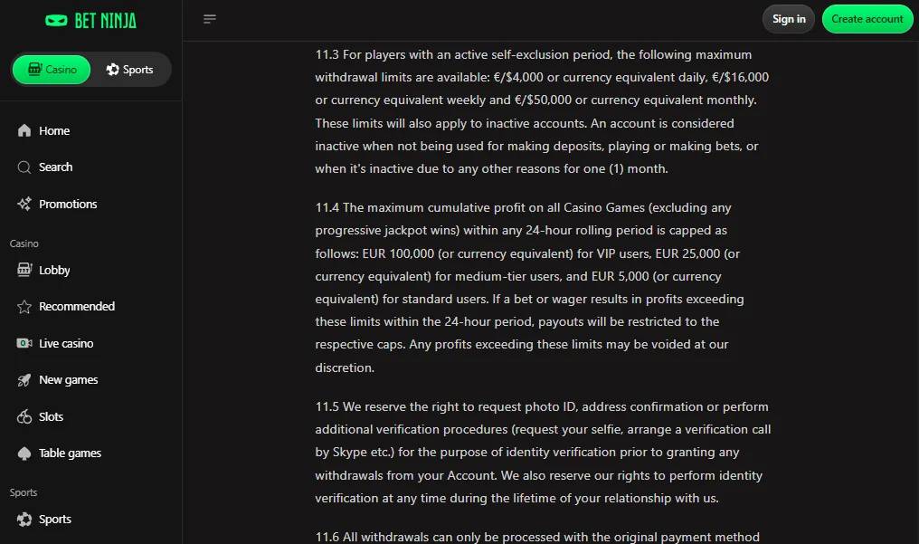 Screenshot of Betninja's withdrawal section and limits