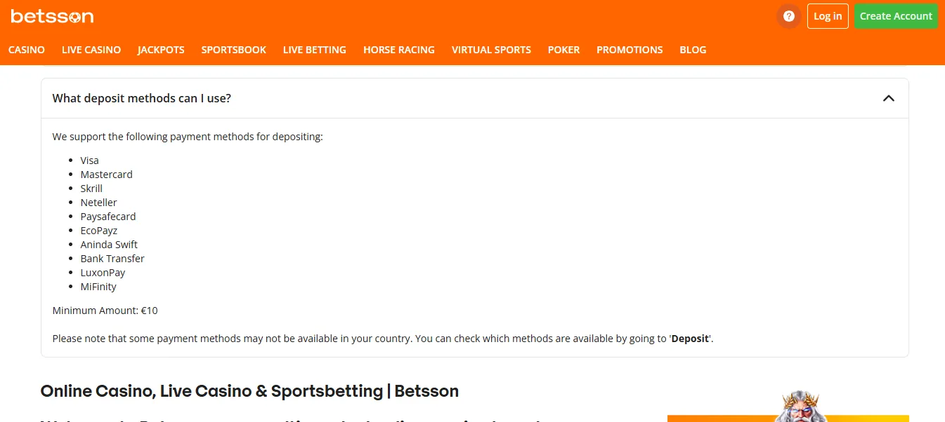 Screenshot of Betsson's cashier and payment methods