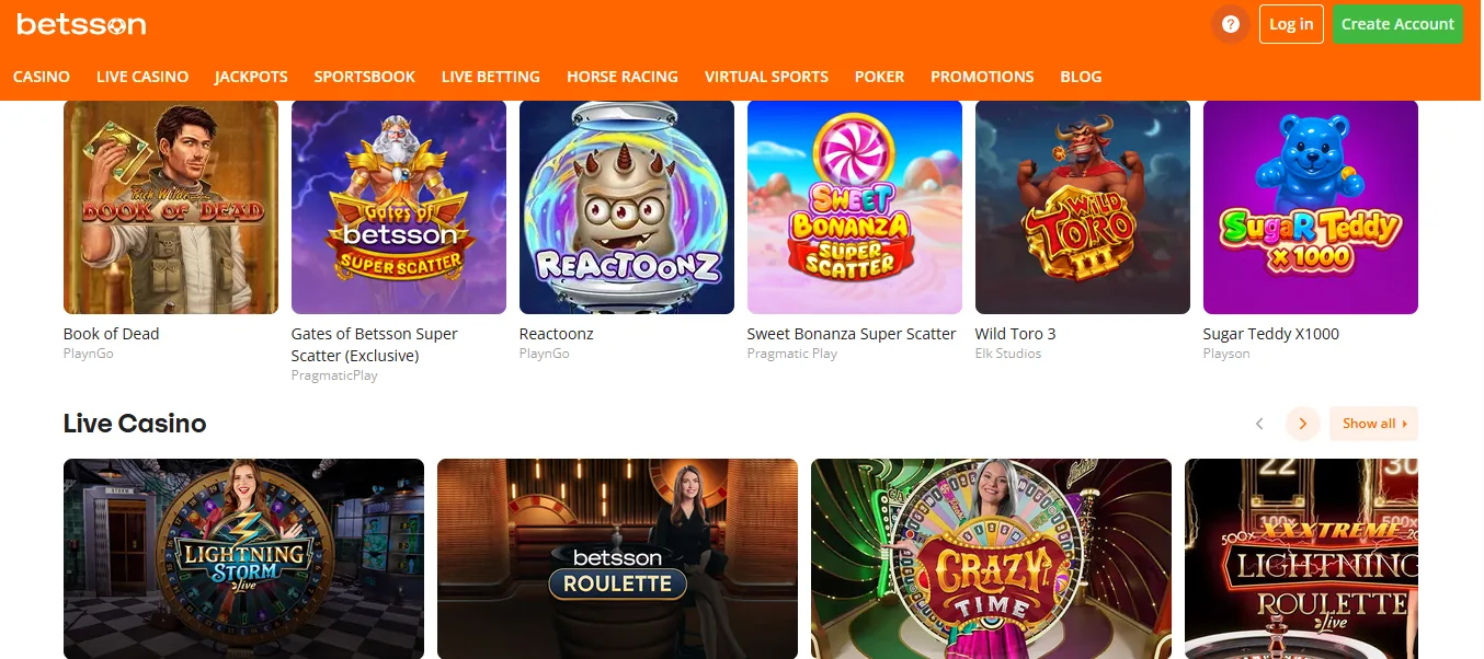 Screenshot of Betsson's games lobby