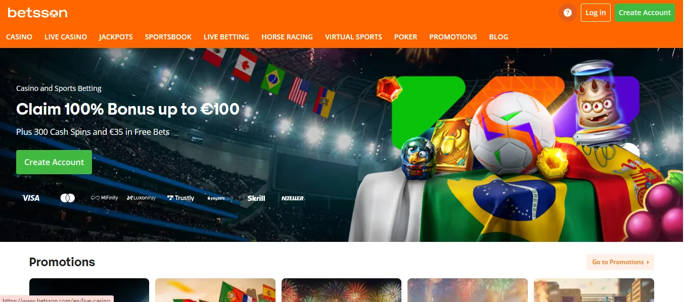 Screenshot of Betsson's homepage
