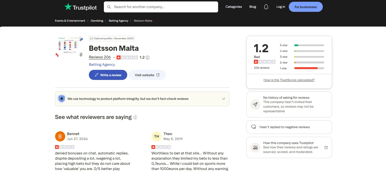 Screenshot of Betsson's Trustpilot rating overview
