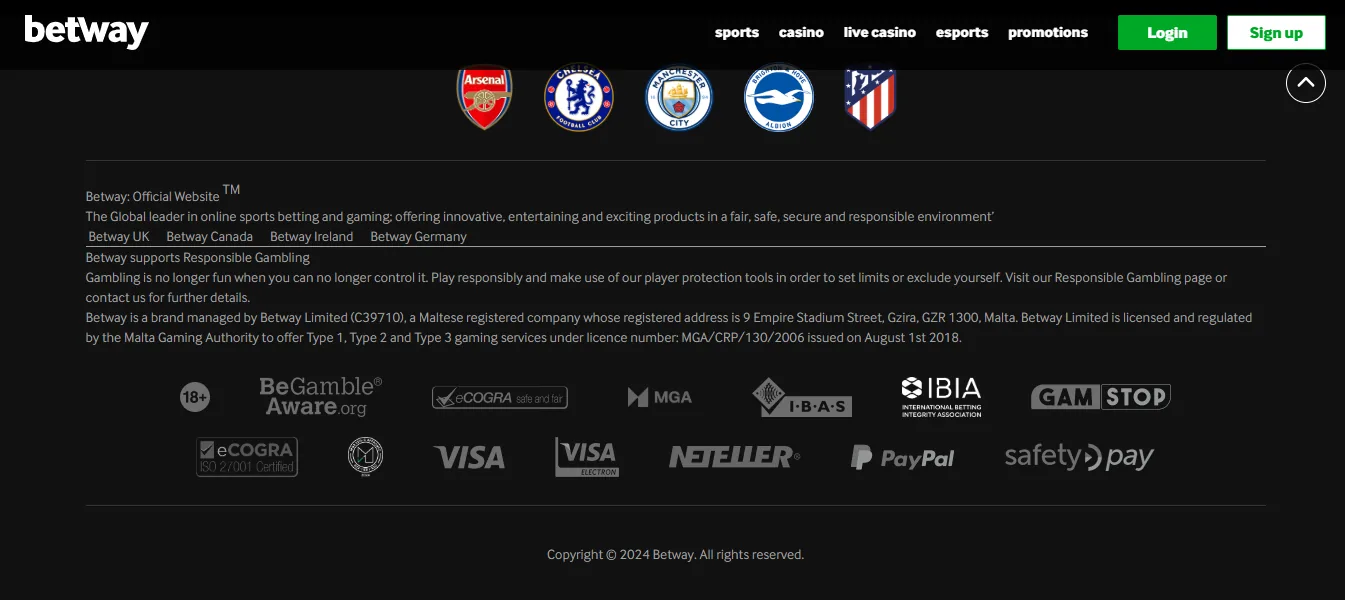 Screenshot of Betway's footer licence and regulator details