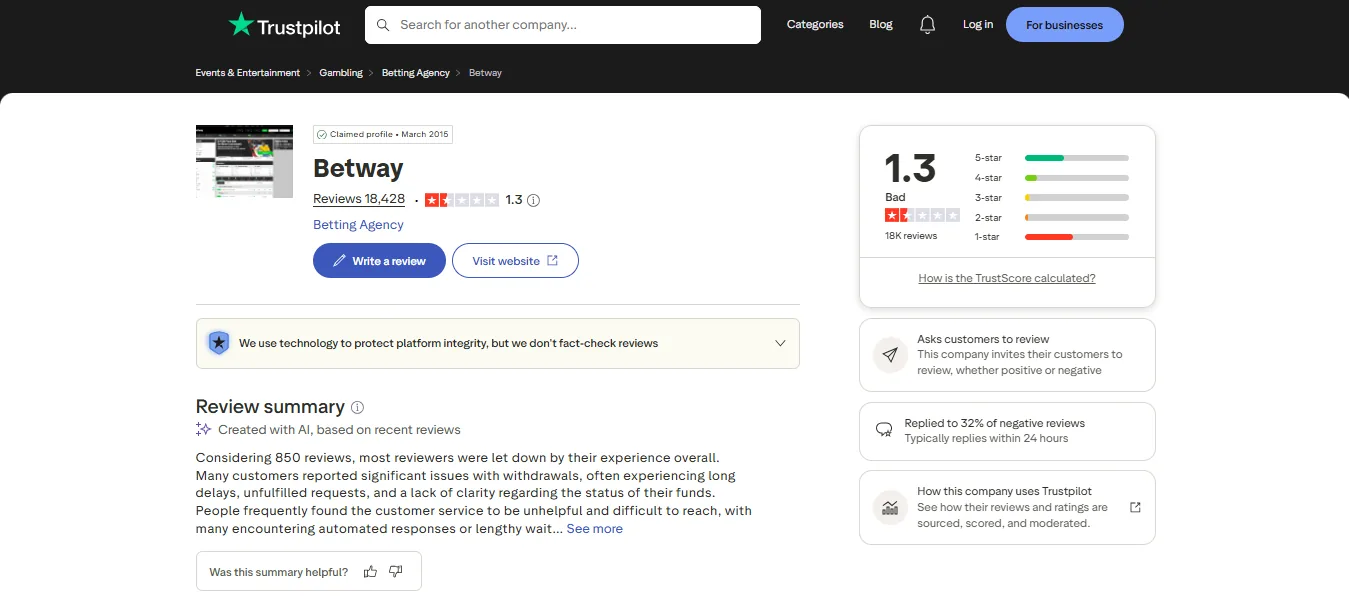 Screenshot of Betway's Trustpilot rating overview