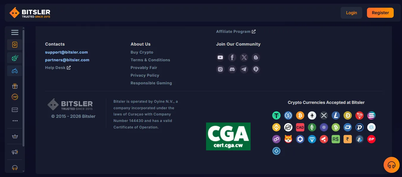 Screenshot of Bitsler's cashier and payment methods