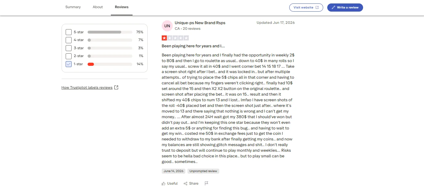 Screenshot of Bitsler's negative Trustpilot review