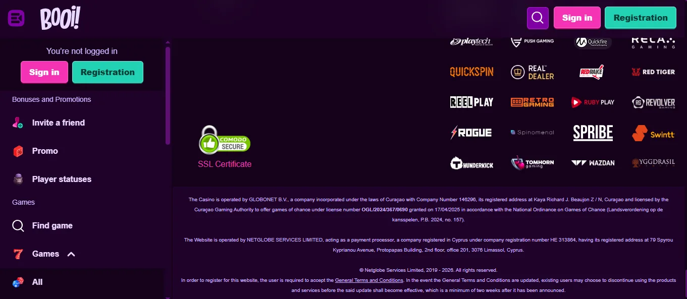 Screenshot of Booi's footer licence and regulator details