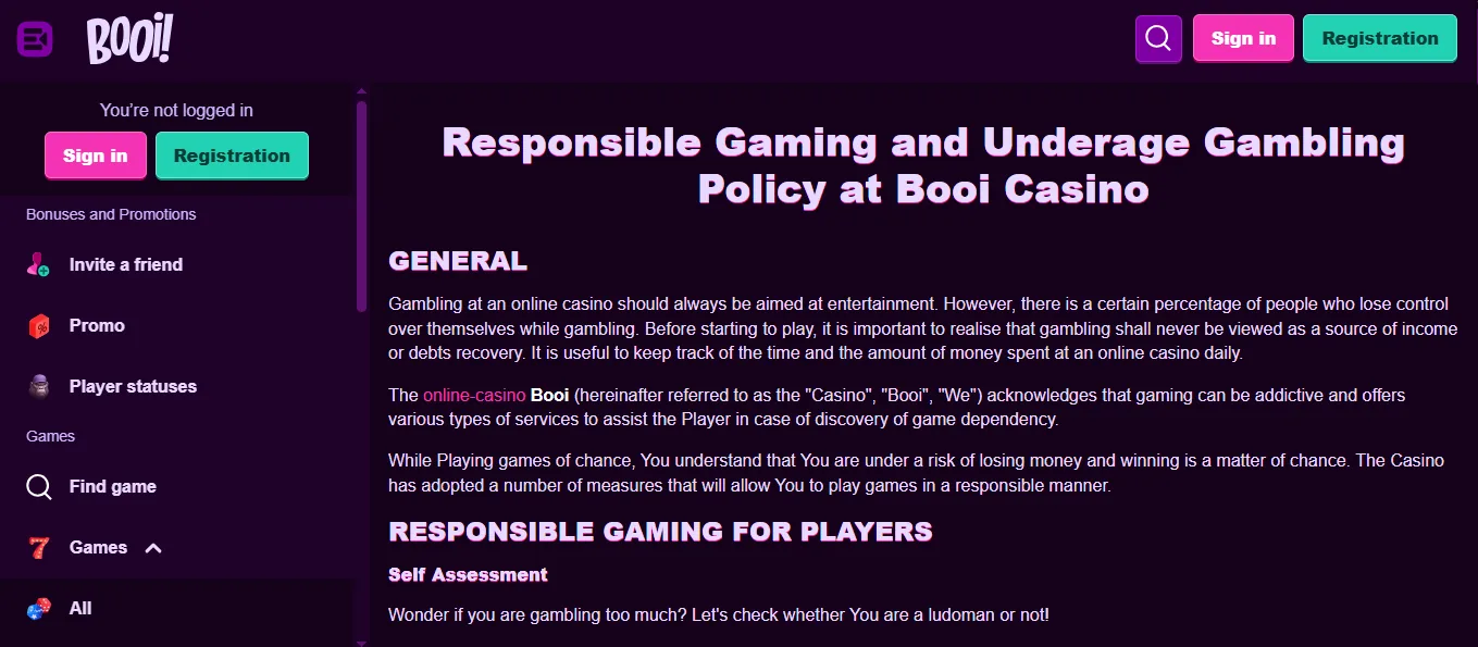 Screenshot of Booi's responsible-gambling tools