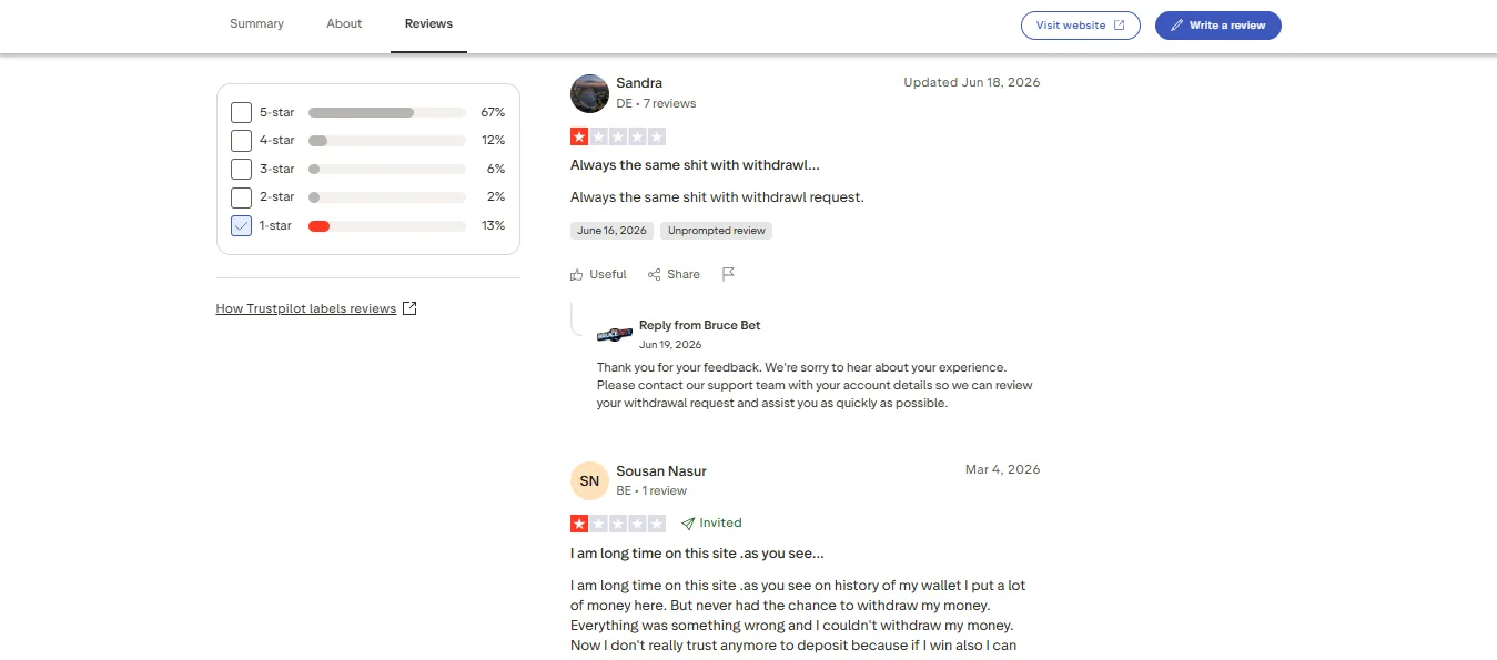Screenshot of Bruce's negative Trustpilot review