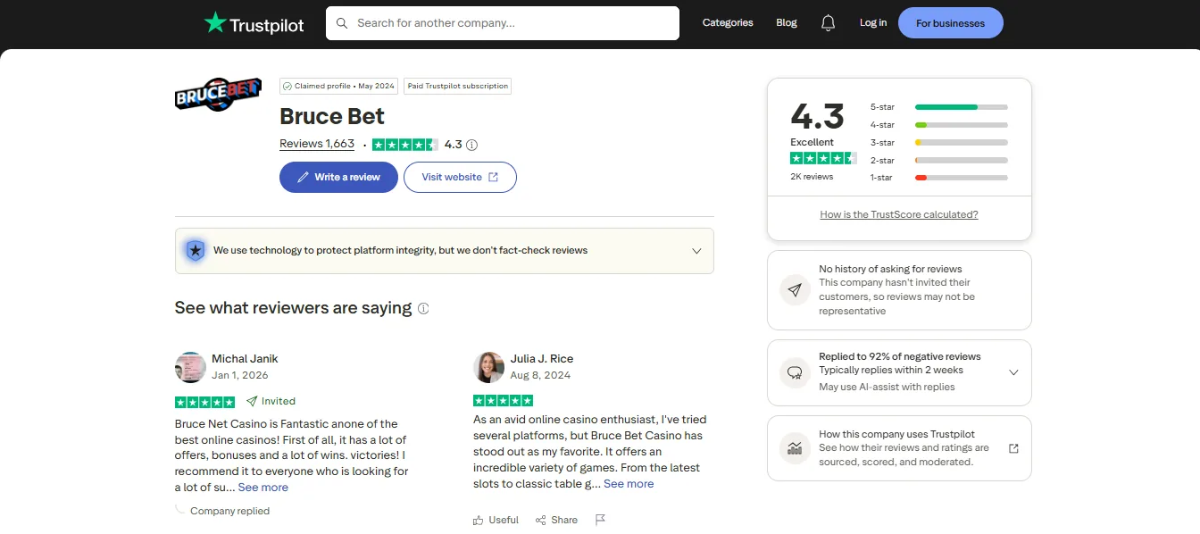 Screenshot of Bruce's Trustpilot rating overview