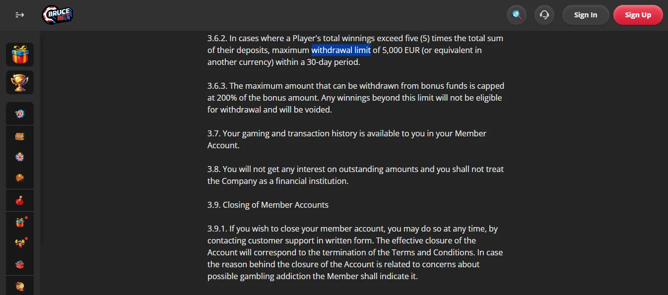 Screenshot of Bruce's withdrawal section and limits