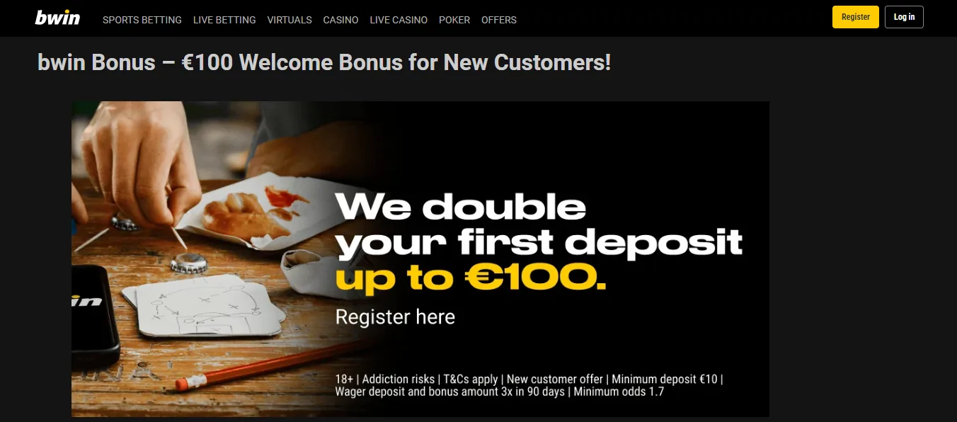 Screenshot of Bwin's welcome bonus offer