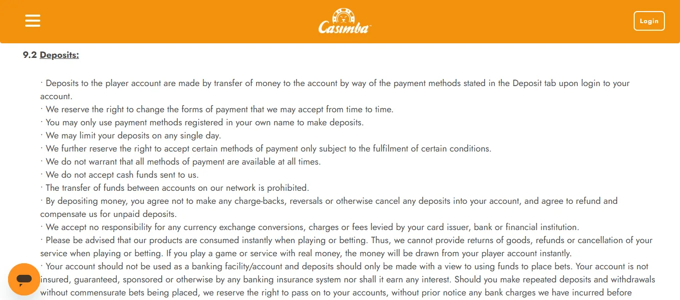 Screenshot of Casimba's cashier and payment methods